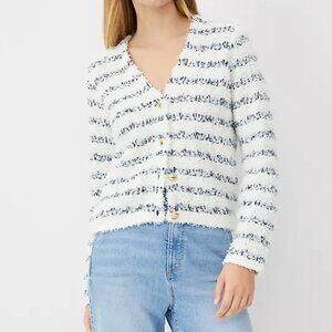 Ann Taylor Sweater Jacket Womens Medium Petite Tweedy Striped Fuzzy Career M